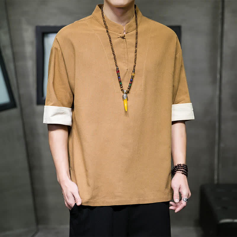 Buddha Stones Camisas de manga corta para hombre, estilo Tang de verano, con cuello mandarín y color liso. - image 11