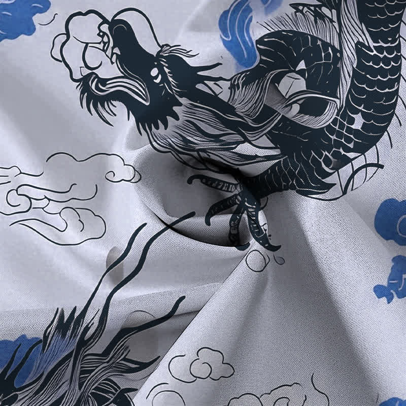 Buddha Stones Camisa de manga corta para hombre con botones y estampado de nube de dragón oriental, resistente a las arrugas. - image 5