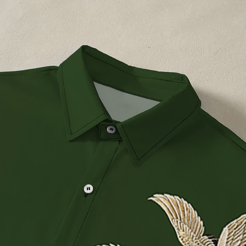 Buddha Stones Camisa transpirable de manga corta para hombre con botones y estampado de grulla y loto. - image 12