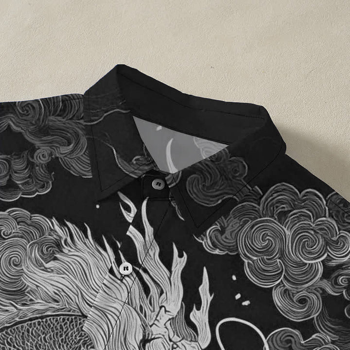 Buddha Stones Camisa de manga corta para hombre con botones y estampado de nube de dragón dorado, resistente a las arrugas. - image 7