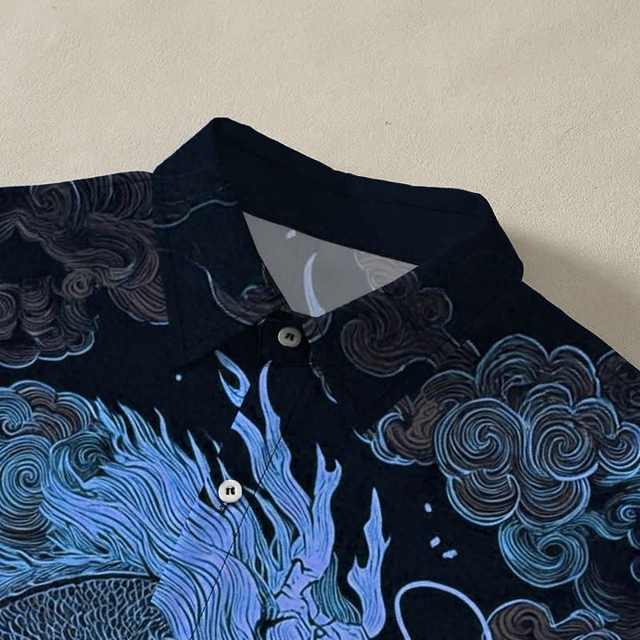 Buddha Stones Camisa de manga corta para hombre con botones y estampado de nube de dragón dorado, resistente a las arrugas. - image 12