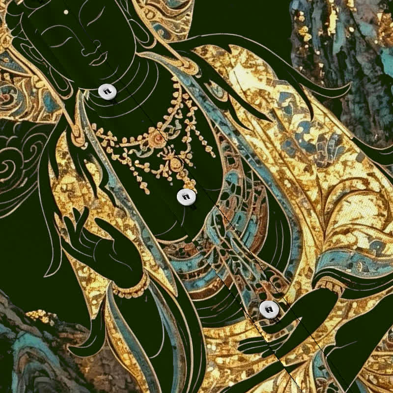 Buddha Stones Camisa de manga corta para hombre con botones y estampado de nubes y Buda dorado, resistente a las arrugas. - image 8