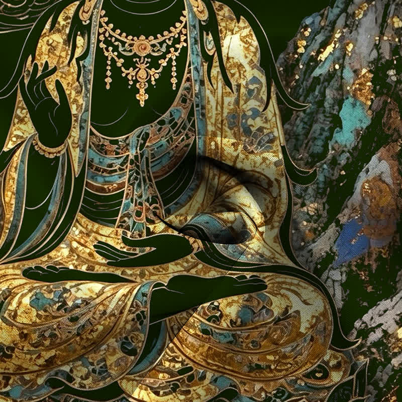 Buddha Stones Camisa de manga corta para hombre con botones y estampado de nubes y Buda dorado, resistente a las arrugas. - image 9