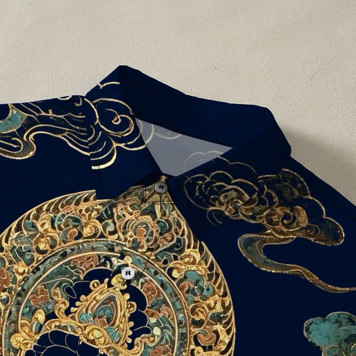 Buddha Stones Camisa de manga corta para hombre con botones y estampado de nubes y Buda dorado, resistente a las arrugas. - image 12