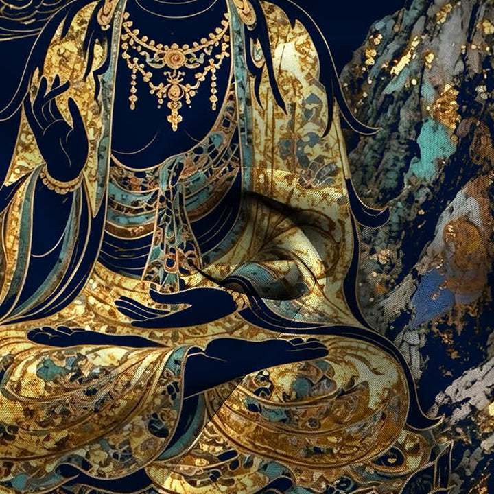 Buddha Stones Camisa de manga corta para hombre con botones y estampado de nubes y Buda dorado, resistente a las arrugas. - image 14