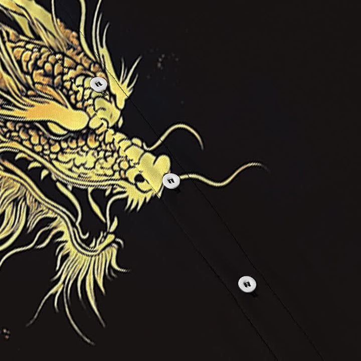 Buddha Stones Camisa de manga corta para hombre con botones y estampado de nube de dragón dorado, resistente a las arrugas. - image 8