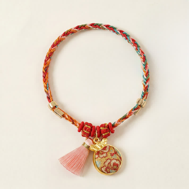 Buddha Stones Pulsera de protección con dije de candado chino, bolsa de dinero de manzana de cinco colores tejida a mano - Bolsa para dinero (mismo tono de color – el estampado varía) - image 16