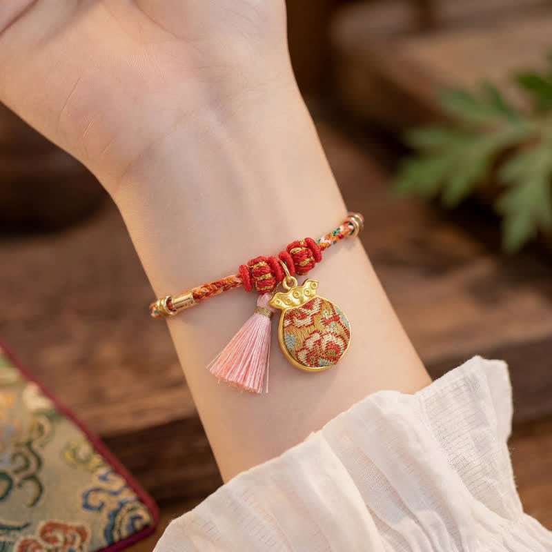 Buddha Stones Pulsera de protección con dije de candado chino, bolsa de dinero de manzana de cinco colores tejida a mano - image 20
