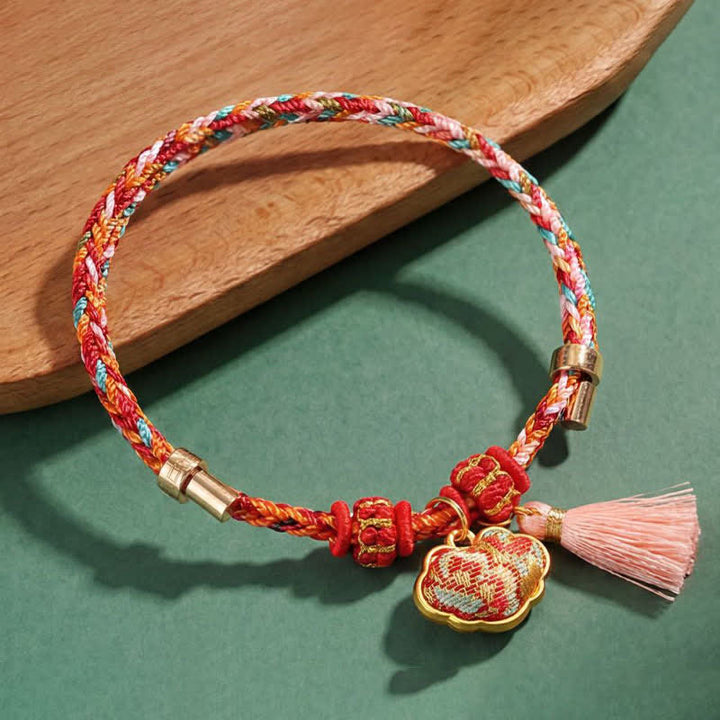 Buddha Stones Pulsera de protección con dije de candado chino, bolsa de dinero de manzana de cinco colores tejida a mano - image 52