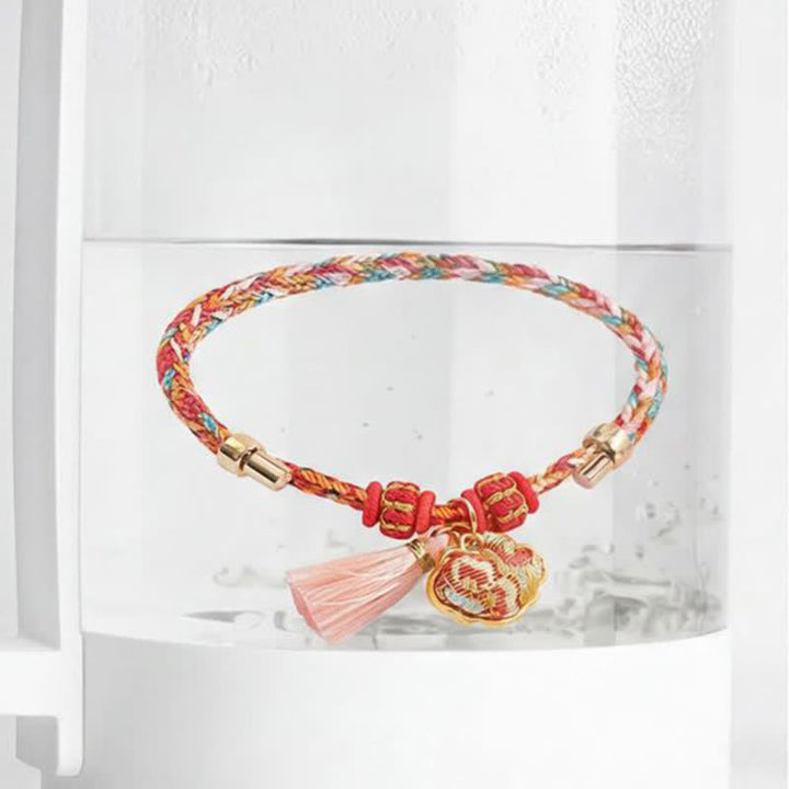 Buddha Stones Pulsera de protección con dije de candado chino, bolsa de dinero de manzana de cinco colores tejida a mano - image 67