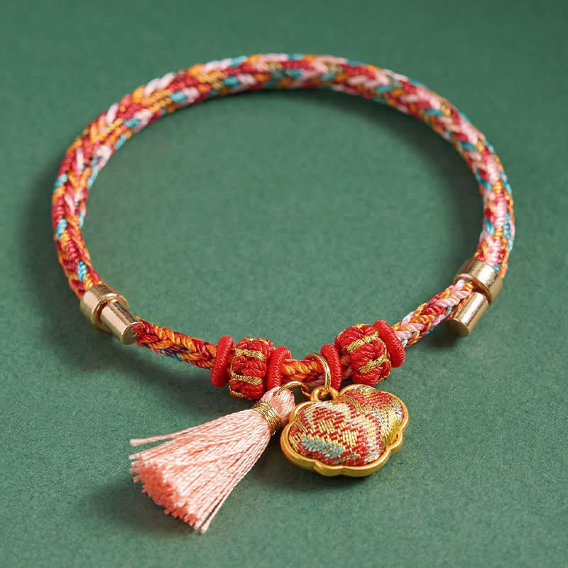 Buddha Stones Pulsera de protección con dije de candado chino, bolsa de dinero de manzana de cinco colores tejida a mano - image 57