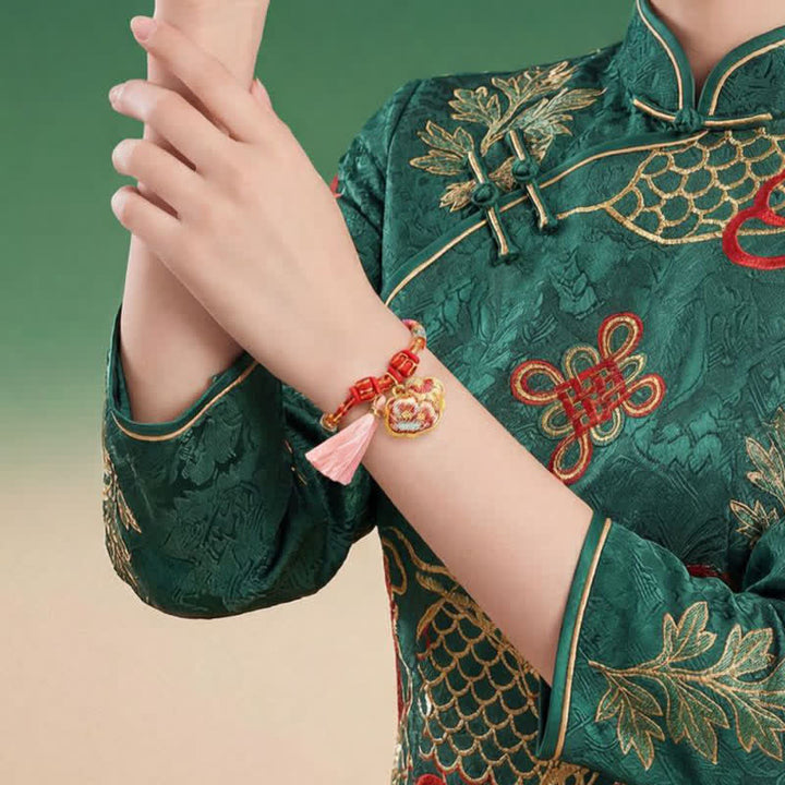 Buddha Stones Pulsera de protección con dije de candado chino, bolsa de dinero de manzana de cinco colores tejida a mano - image 63