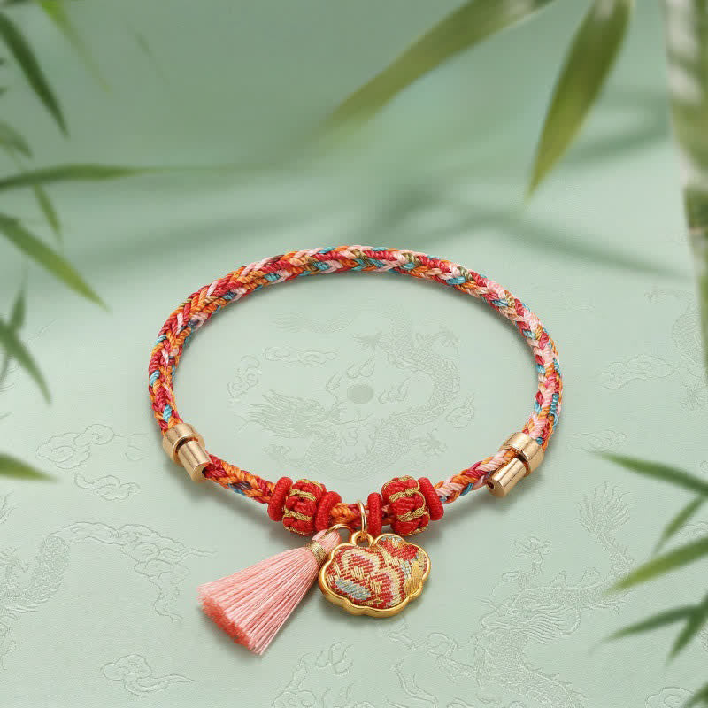 Buddha Stones Pulsera de protección con dije de candado chino, bolsa de dinero de manzana de cinco colores tejida a mano - image 60