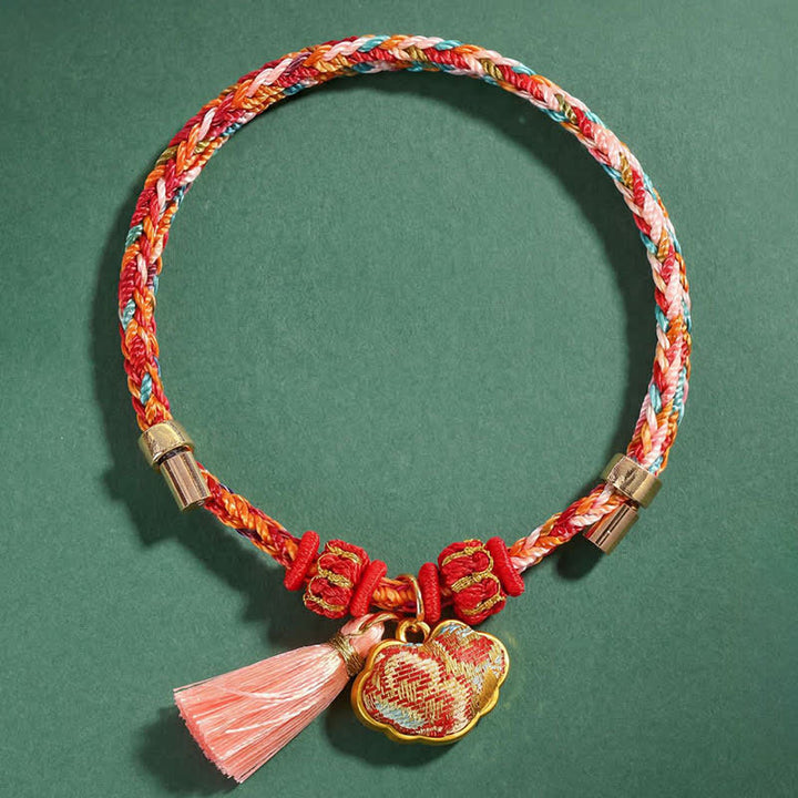 Buddha Stones Pulsera de protección con dije de candado chino, bolsa de dinero de manzana de cinco colores tejida a mano - image 56