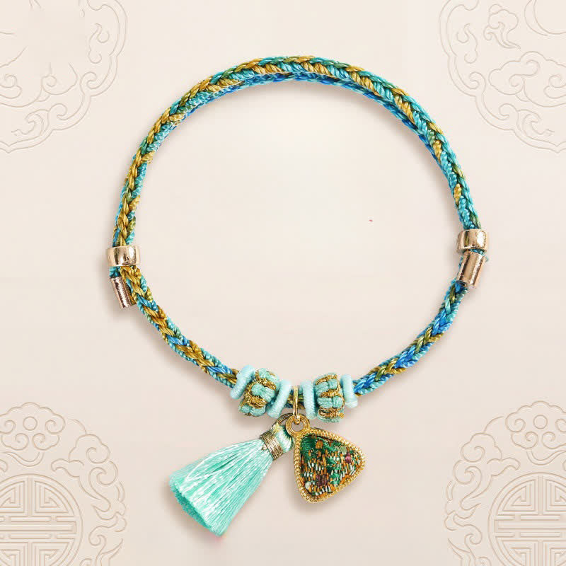 Buddha Stones Pulsera con dije de calabaza, cordón de cinco colores tejido a mano, canción verde de la suerte, brocado, zongzi, bolsa de dinero con manzana, candado chino y pulsera. - image 1