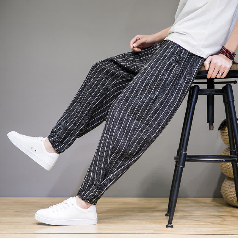Buddha Stones Pantalones cortos de verano informales con cordón ajustable y rayas, estilo harem para hombre, con bolsillos. - image 11