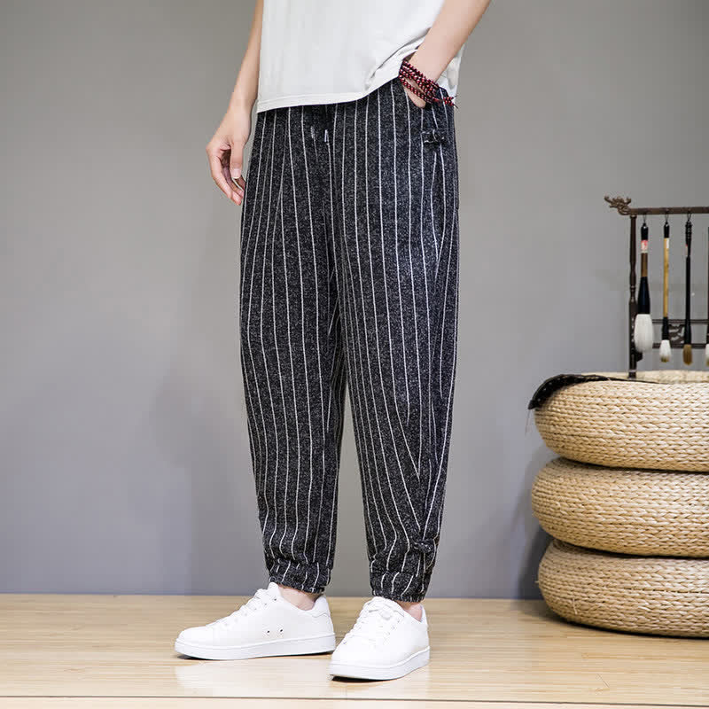 Buddha Stones Pantalones cortos de verano informales con cordón ajustable y rayas, estilo harem para hombre, con bolsillos. - Negro - US/UK/AU46, EU56 (5XL) - image 0