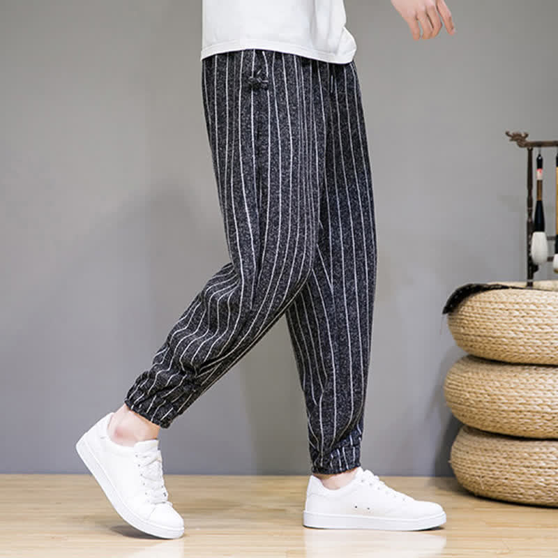 Buddha Stones Pantalones cortos de verano informales con cordón ajustable y rayas, estilo harem para hombre, con bolsillos. - image 2