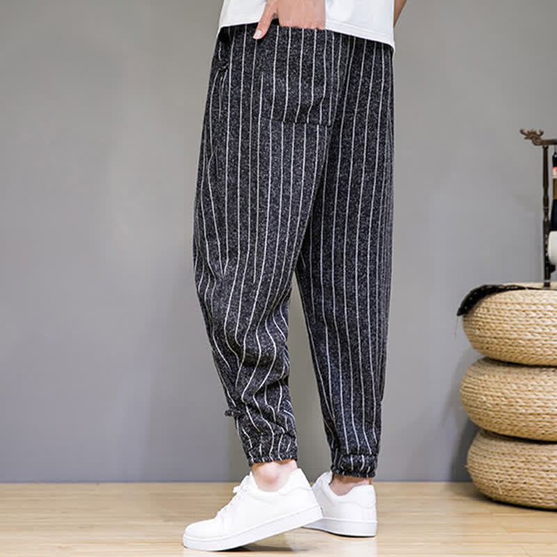Buddha Stones Pantalones cortos de verano informales con cordón ajustable y rayas, estilo harem para hombre, con bolsillos. - image 4
