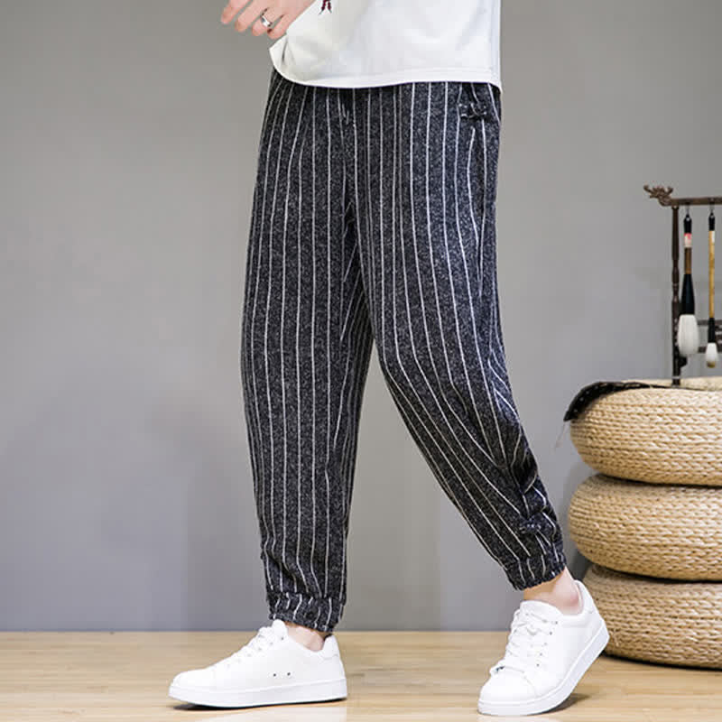 Buddha Stones Pantalones cortos de verano informales con cordón ajustable y rayas, estilo harem para hombre, con bolsillos. - image 1