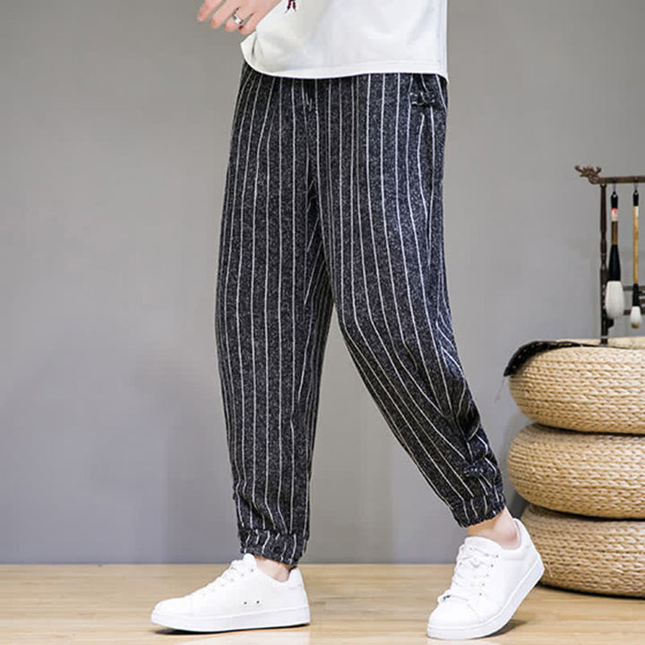 Buddha Stones Pantalones cortos de verano informales con cordón ajustable y rayas, estilo harem para hombre, con bolsillos. - image 1