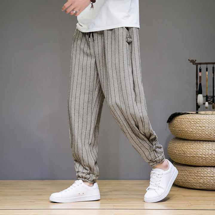 Buddha Stones Pantalones cortos de verano informales con cordón ajustable y rayas, estilo harem para hombre, con bolsillos. - Beige - US/UK/AU46, EU56 (5XL) - image 20