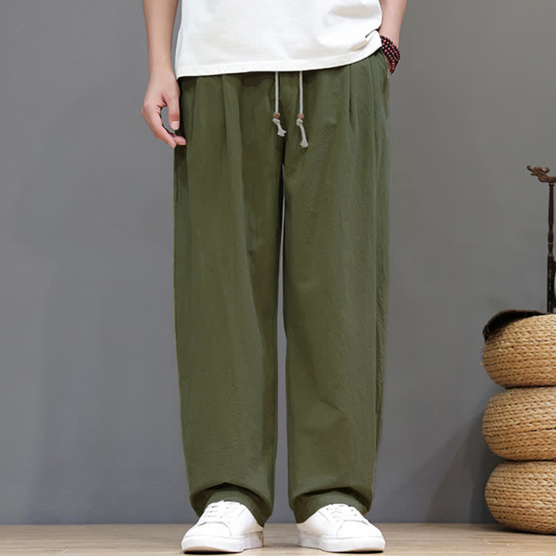 Buddha Stones Pantalones tobilleros de algodón liso estilo vintage con cordón ajustable para hombre, estilo harem, con bolsillo. - image 1
