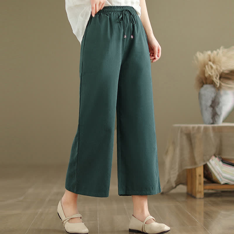 Buddha Stones Pantalones cortos de algodón liso con cordón ajustable, estilo casual de verano, estilo minimalista, para mujer, de pierna ancha y con bolsillo. - image 1