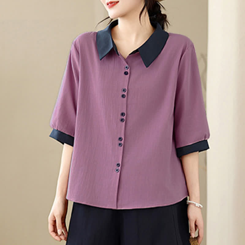 Buddha Stones Camisa elegante de verano con cuello en contraste y manga corta para mujer. - image 1
