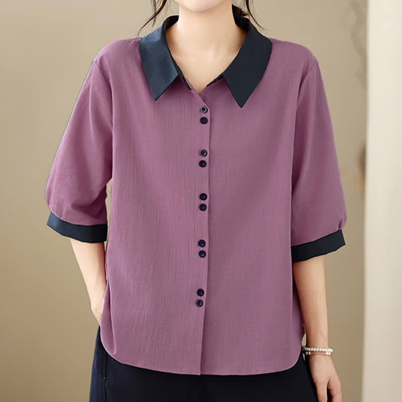 Buddha Stones Camisa elegante de verano con cuello en contraste y manga corta para mujer. - image 2