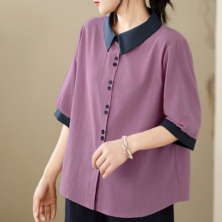 Buddha Stones Camisa elegante de verano con cuello en contraste y manga corta para mujer. - image 6