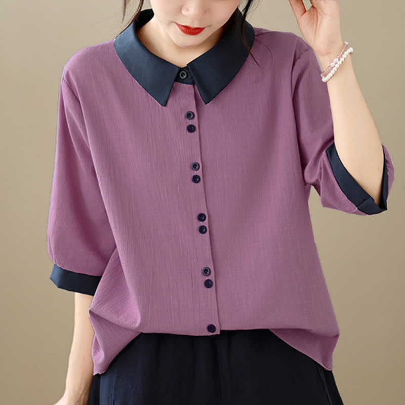 Buddha Stones Camisa elegante de verano con cuello en contraste y manga corta para mujer. - image 5
