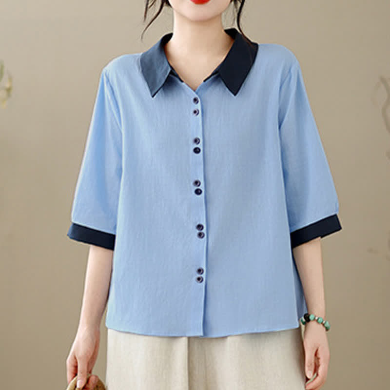 Buddha Stones Camisa elegante de verano con cuello en contraste y manga corta para mujer. - image 16