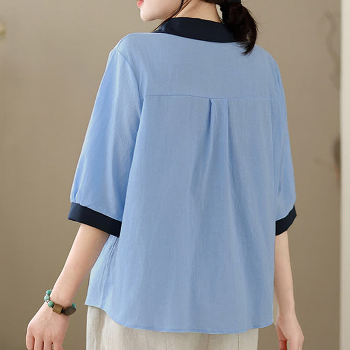 Buddha Stones Camisa elegante de verano con cuello en contraste y manga corta para mujer. - image 14