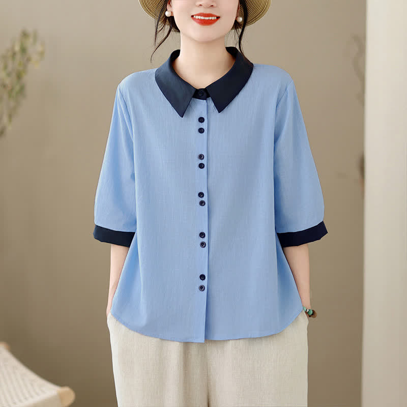 Buddha Stones Camisa elegante de verano con cuello en contraste y manga corta para mujer. - image 13