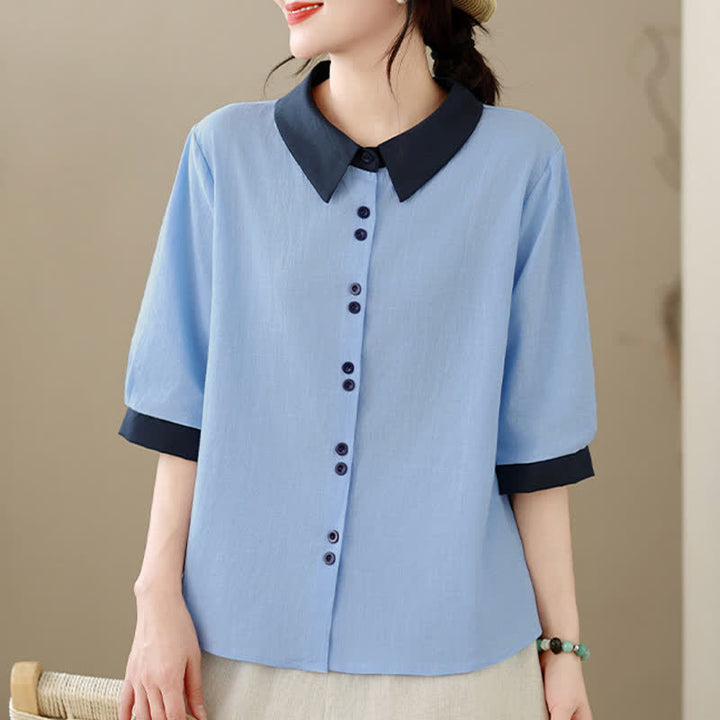 Buddha Stones Camisa elegante de verano con cuello en contraste y manga corta para mujer. - image 12