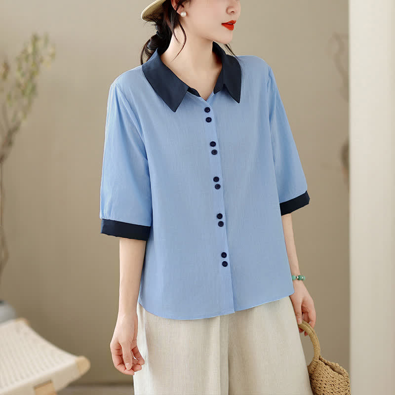 Buddha Stones Camisa elegante de verano con cuello en contraste y manga corta para mujer. - Azul cielo claro - US8-10, UK/AU12-14, EU40-42 (2XL) - image 11