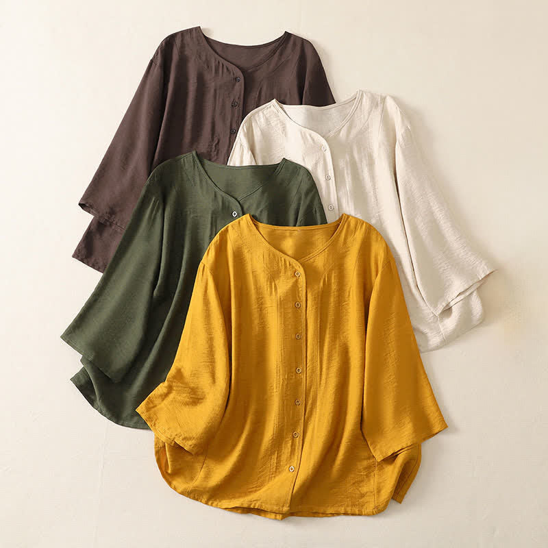 Buddha Stones Camisas de manga larga lisas con botones, estilo casual de verano para mujer. - image 21