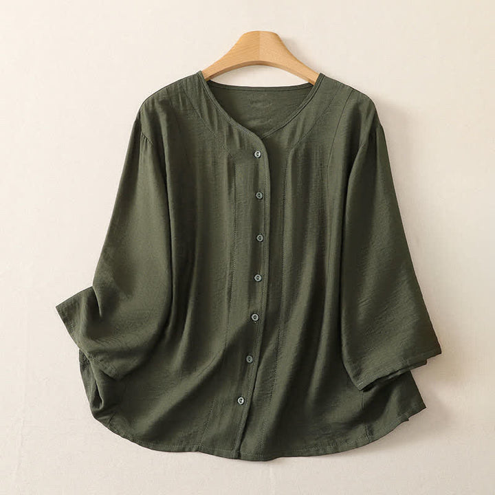 Buddha Stones Camisas de manga larga lisas con botones, estilo casual de verano para mujer. - Verde oliva oscuro - US12, UK/AU16, EU44 (3XL) - image 13