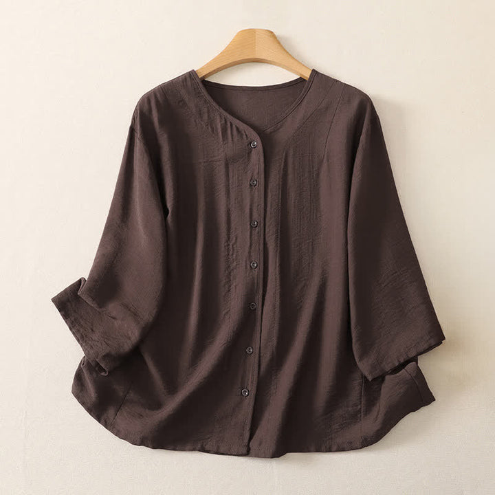 Buddha Stones Camisas de manga larga lisas con botones, estilo casual de verano para mujer. - Marrón silla de montar - US12, UK/AU16, EU44 (3XL) - image 17