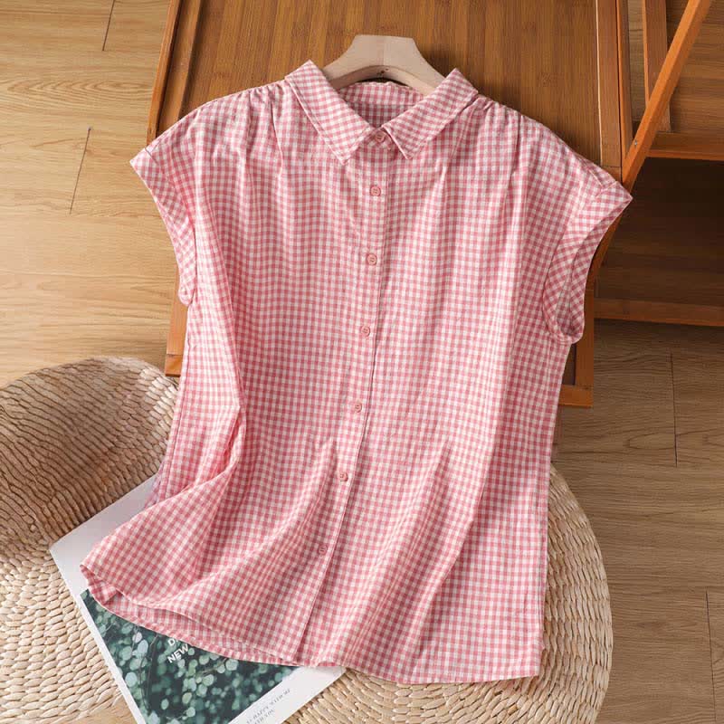 Buddha Stones Camiseta sin mangas de mujer estilo vintage informal de verano con botones y estampado a cuadros. - rosa claro - US14, UK/AU18, EU46 (2XL) - image 0