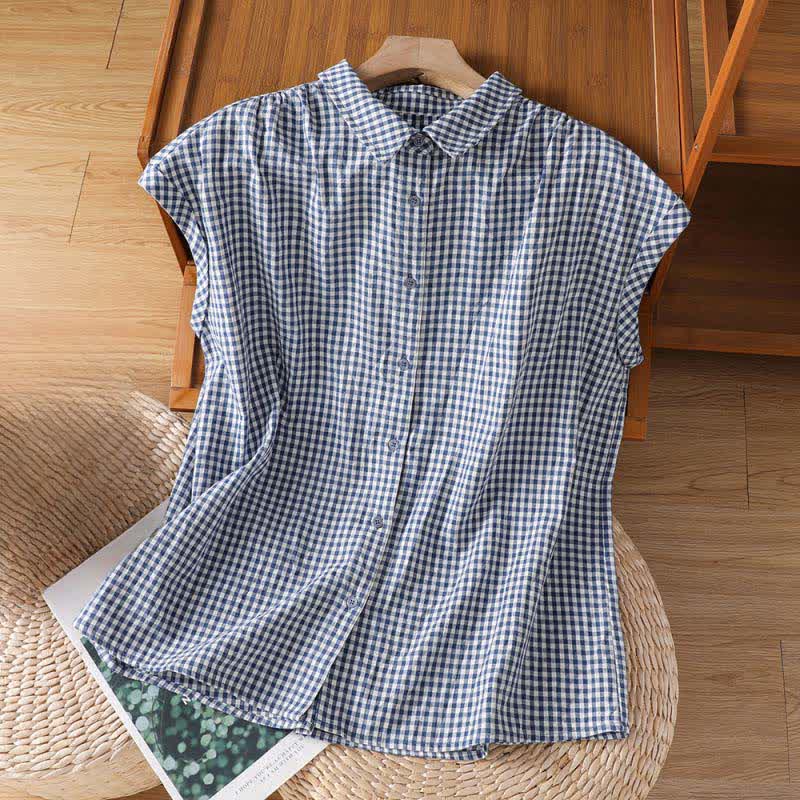 Buddha Stones Camiseta sin mangas de mujer estilo vintage informal de verano con botones y estampado a cuadros. - Azul acero - US14, UK/AU18, EU46 (2XL) - image 7