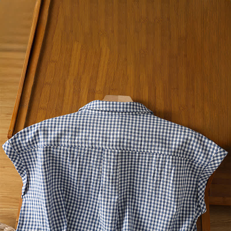 Buddha Stones Camiseta sin mangas de mujer estilo vintage informal de verano con botones y estampado a cuadros. - image 10