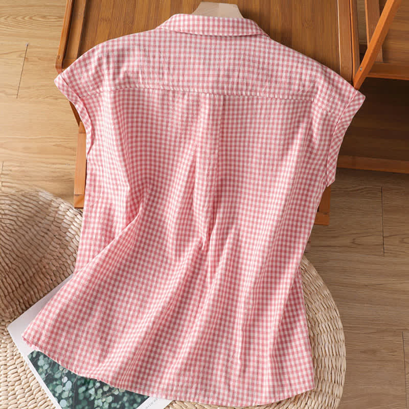 Buddha Stones Camiseta sin mangas de mujer estilo vintage informal de verano con botones y estampado a cuadros. - image 1