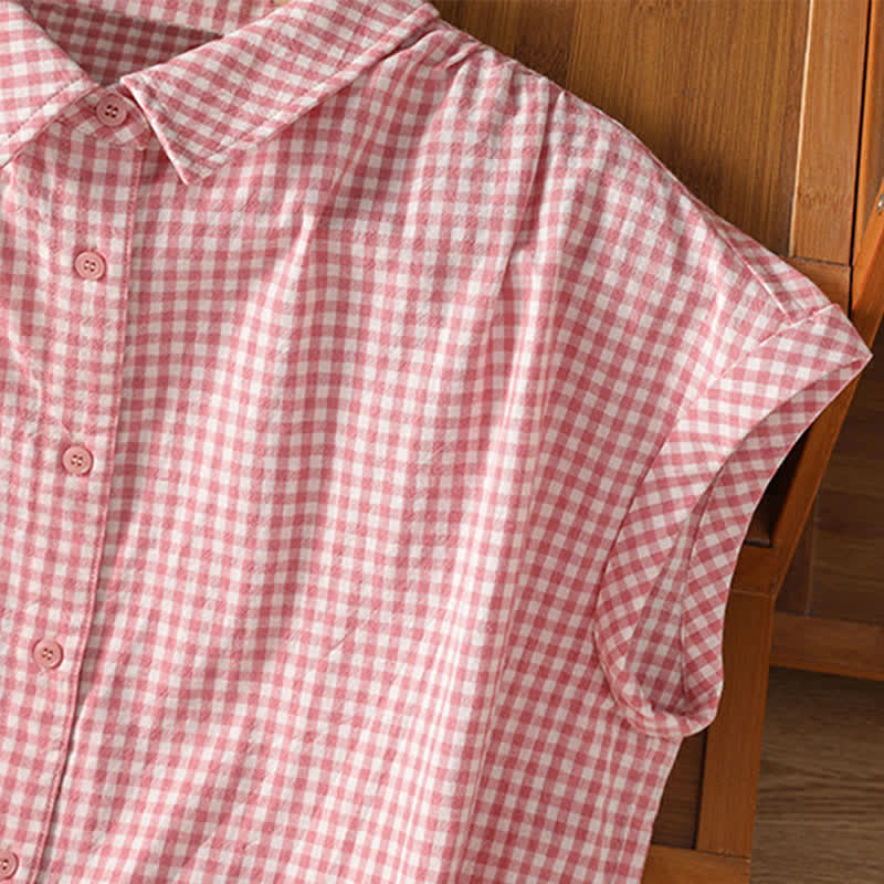 Buddha Stones Camiseta sin mangas de mujer estilo vintage informal de verano con botones y estampado a cuadros. - image 4