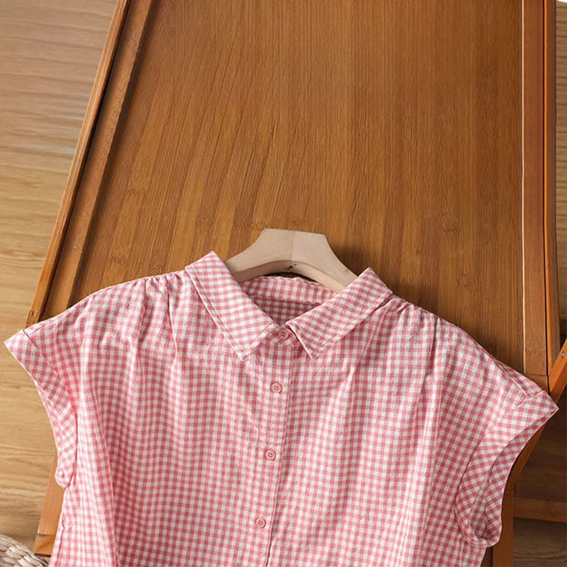 Buddha Stones Camiseta sin mangas de mujer estilo vintage informal de verano con botones y estampado a cuadros. - image 2