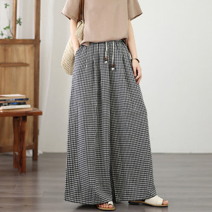 Buddha Stones Pantalones cortos de tobillo a cuadros con cordón ajustable, estilo casual de verano para mujer, de pierna ancha y con bolsillo. - Negro - US8-10, UK/AU12-14, EU40-42 (2XL) - image 8