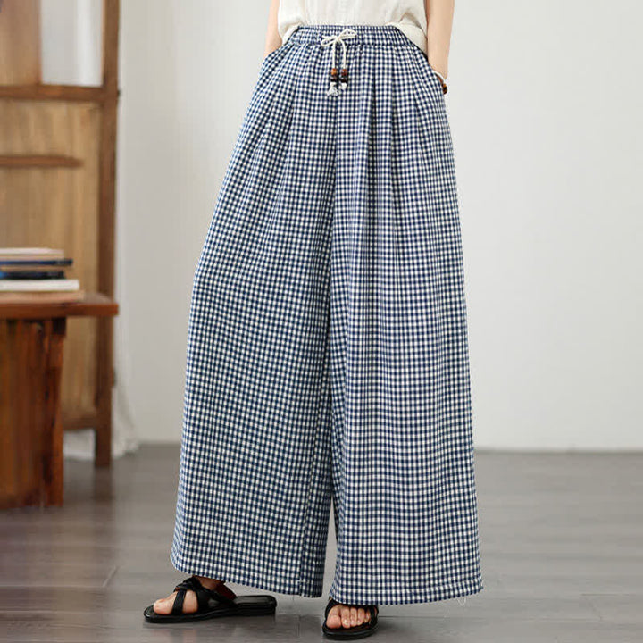 Buddha Stones Pantalones cortos de tobillo a cuadros con cordón ajustable, estilo casual de verano para mujer, de pierna ancha y con bolsillo. - image 1