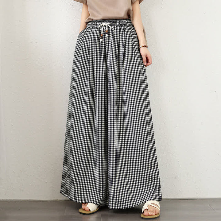 Buddha Stones Pantalones cortos de tobillo a cuadros con cordón ajustable, estilo casual de verano para mujer, de pierna ancha y con bolsillo. - image 10