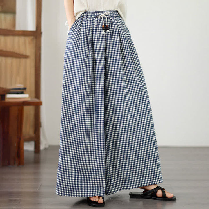 Buddha Stones Pantalones cortos de tobillo a cuadros con cordón ajustable, estilo casual de verano para mujer, de pierna ancha y con bolsillo. - Azul acero claro - US8-10, UK/AU12-14, EU40-42 (2XL) - image 0